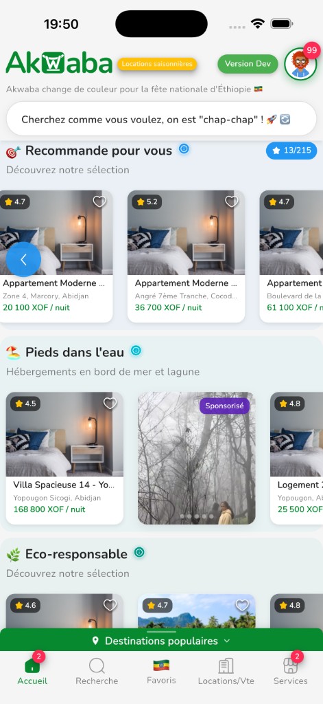 Onglet Accueil — sections et recommandations