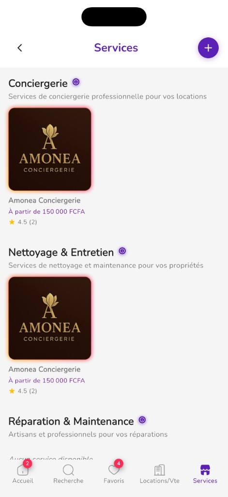 Onglet Services — conciergerie et prestataires
